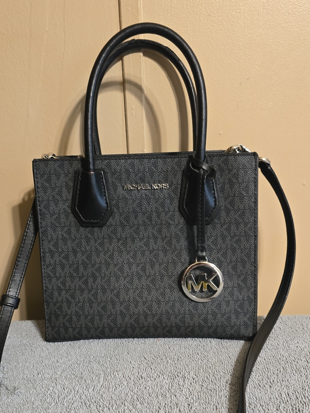 Michael Kors Black Logo-Print Satchel with MK Charm